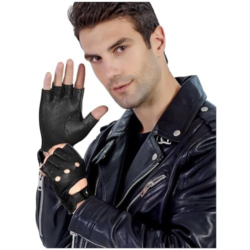 GSG Men Fingerless Gloves Driving Leather Cycling Half Finger Motorcycle Unlined Gloves for Cycling
