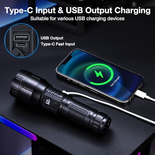 Flashlight High Lumens Rechargeable 990,000L, Handheld Tactical LED Strong Flash Light, Battery Powered Super Bright Flashlight with USB C, 3 Modes, Zoomable, USB Output for Home, Emergency