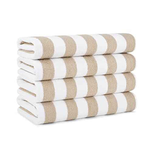 Arkwright California Cabana Stripe Beach Towel - Pack of 4, Large Soft Quick Dry Cotton Terry Towels Set for Pool, Swim, and Hot Tub, Oversized 30 x 70 in, Beige