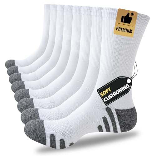 JOYN?E 8 Pairs Mens Crew Athletic Work Long Socks Calf Cushioned Socks for Sports Running Workout Gym