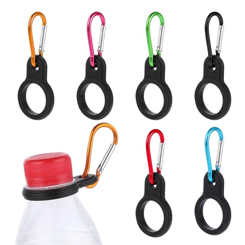 Bewudy 6 Pcs Black Water Bottle Clip, Silicone Water Bottle Carrier with 6 Pieces Keychain Clip Key Ring Clip, Water Bottle Holder Buckle for Outdoor Activities or Daily Use