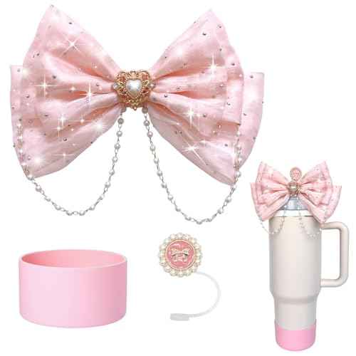 Bling Stanley Bow Straw Topper, Pearl Bow Lid Stanley Cup Accessories,Cute Straw Cover Cap, Silicone Boot Protector 3 PCS Sets for Tumbler Accessories