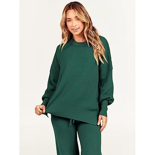 ANRABESS Womens 2 Piece Outfits Fall Lounge Set 2025 Oversized Chunky Knit Sweater Top Wide Leg Pants Loungewear Clothes