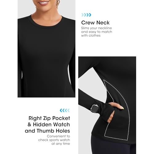 Loovoo Thermal Shirts for Women Long Sleeve Workout Tops Crewneck Fleece Base Layer Running Athletic Tee with Zipper Pocket