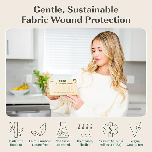 FEBU Bamboo Fabric Bandages | PFAS Free Flexible Fabric Bandages | Latex Free Bandage | Natural Hypoallergenic Bandage for Scrapes, Cuts & First Aid | 1in x 3in | 100 Count Pack