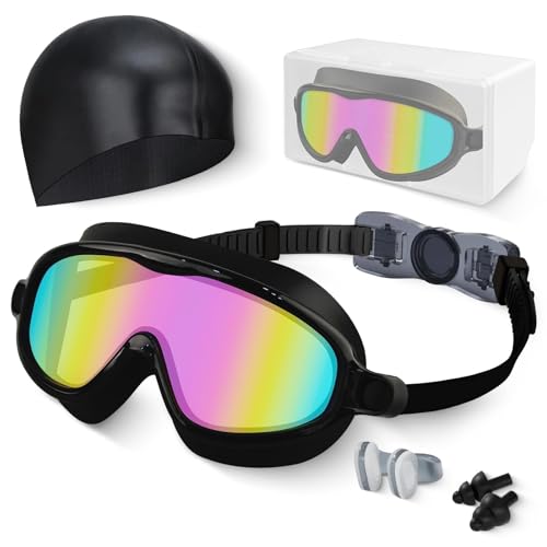 Kids Swim Goggles, Anti-fog, UV Protection and Wide View Swimming Goggles & Swim Cap for Age 3-15 Boys Girls Toddler