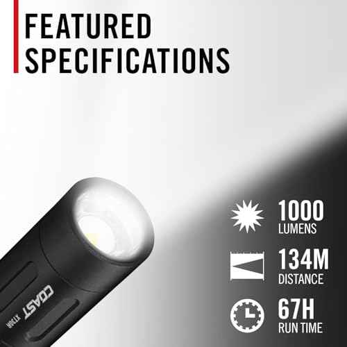 Coast XT30R 1000 Lumen Rechargeable LED Pocket Flashlight, 5 Light Modes with 2-Way Clip and Bite Caps Included