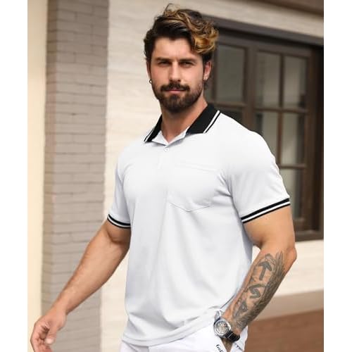 ZITY Mens Polo Shirts Casual Short Sleeve Athletic T-Shirts Classic Contrast Collar Shirt with Pocket