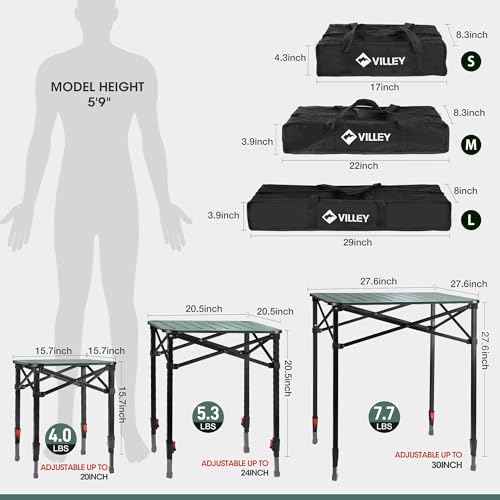 VILLEY Folding Camping Square Table with Carry Bag, Lightweight Aluminum Adjustable Square Table for Outdoor, Camping, Picnic, Backyards, BBQ (S)