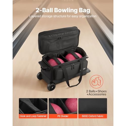 VEVOR Bowling Ball Bag, 2 Ball Four Roller Bowling Bag with Wheels, Featuring a Separate Compartment for Shoes (Up To US Size 16) & Oversized Accessory Pocket, Retractable Handle Extends to 37.4 in