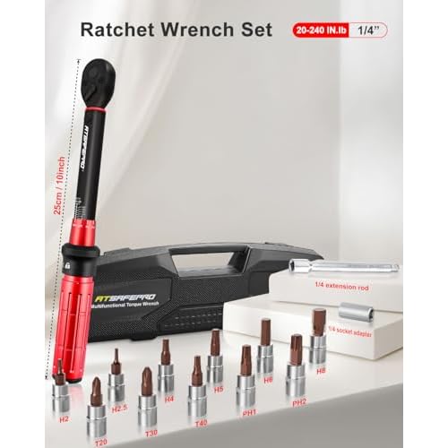 ATsafepro Inch Pound Torque Wrench-20-240 in.lb/2.3-27.1 Nm,1/4 Torque Wrench for Bike, Bicycle Maintenance,14-Piece Bike Torque Wrench Set,1/4 inch torque wrench-Dual Range Scales and Dual-Direction