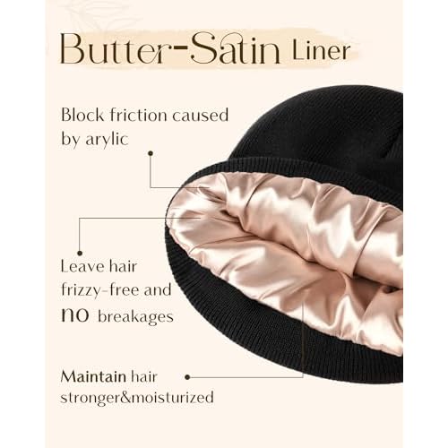 YANIBEST Satin Lined Beanie for Women Reduce Frizz Winter Hats for Women Men Silk Lining Soft Slouchy Warm Cuffed Less Static