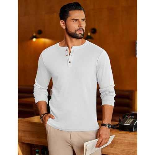 Ekouaer Mens Henley Long Sleeve Shirts Waffle T-Shirt Lightweight Thermal Undershirts S-XXL