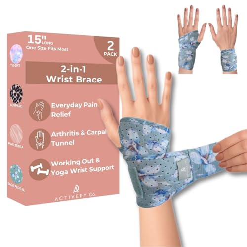 Carpal Tunnel Wrist Brace Left Hand, Right Hand for Women, Day or Night Compression Wrist Support Brace for Fitness, Keyboard Use, or Overnight Support, 2 Pack, Sage Green Floral Print