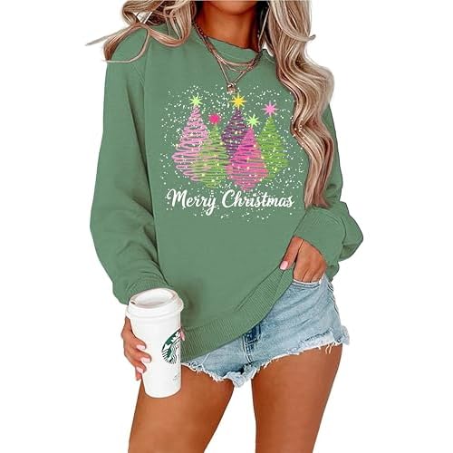 Christmas Sweatshirts for Women Christmas Tree Long Sleeve Shirt Merry Xmas Holiday Sequin Pullover Tops