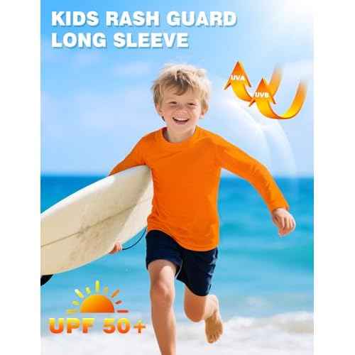 Boys Rash Guard Swim Shirt Long Sleeve Athletic Shirts UPF 50+ Sun Shirt Quick Dry Fit Neon Tees for Kids Girls Youth 2-16Y