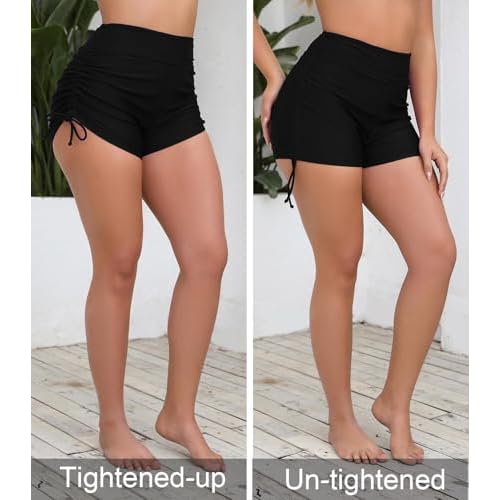Halcurt Women's High Waisted Swim Board Shorts Tummy Control Side Tie Adjustable Tankini Swimsuit Bottoms