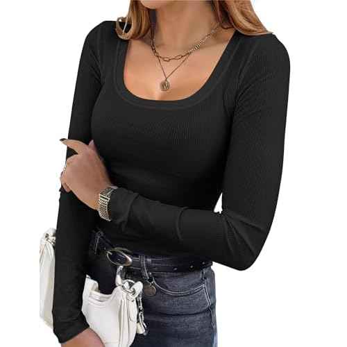 Ekouaer Womens Long Sleeve Shirts Square Neck Slim Fit Basic Tops Ribbed Thermal Undershirts Layering Tee