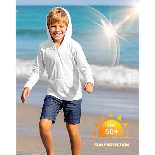 Boys Rash Guard Long Sleeve Hoodie Swim Shirt with Pocket Youth Kids UPF 50+ Sun Protection Fishing Shirts Thumb Hole