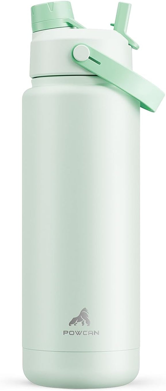 POWCAN 32 oz Insulated Water Bottle - 2-in-1 Straw & Spout Lid | Keeps Drinks Cold 24H, Leak-Proof, BPA-Free (Mint)
