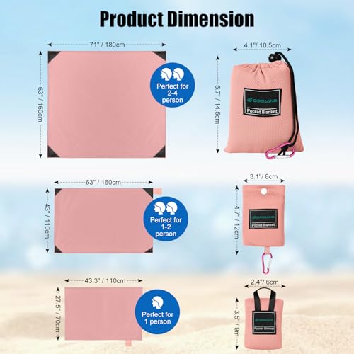 Odoland Beach Blanket Picnic Blanket, 43.3" x 27.5" SandProof Waterproof Outdoor Pocket Blanket with Portable Bag, Foldable Lightweight Sand Free Beach Mat for 1 People Hiking, Camping, Travel, Pink
