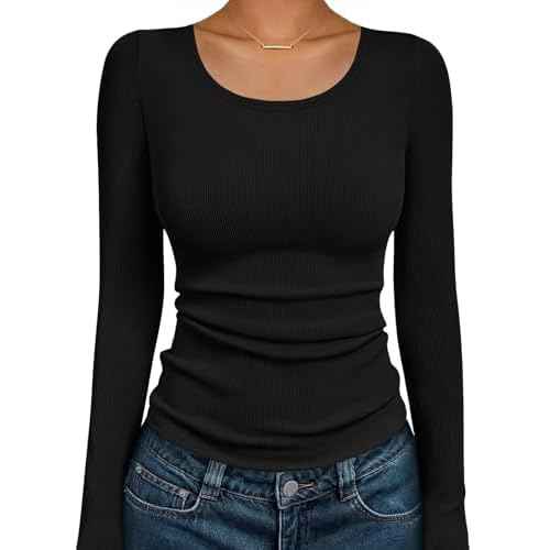 Ekouaer Long Sleeve Shirts for Women Ribbed Scoop Neck Tops 2025 Fall Basic Tees Fitted Thermal Undershirts Clothes XS-XXL