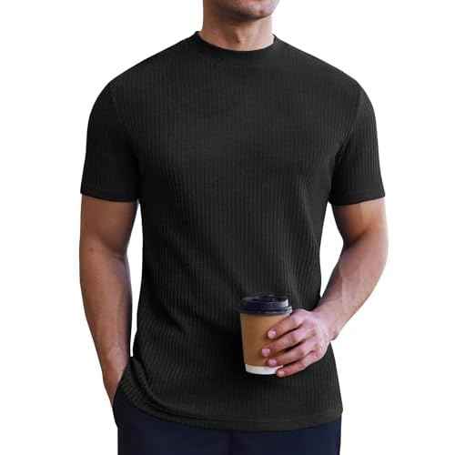 Ekouaer Mens Mock Turtleneck Short Sleeve Knit T Shirts Slim Fit Basic Thermal Tops Lightweight Tee S-XXXL