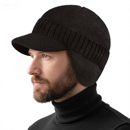 Century Star Mens Winter Hat with Visor & Earflaps,Outdoor Elastic Warm Knitted Fleece Sport Golf Baseball Beanie Cap