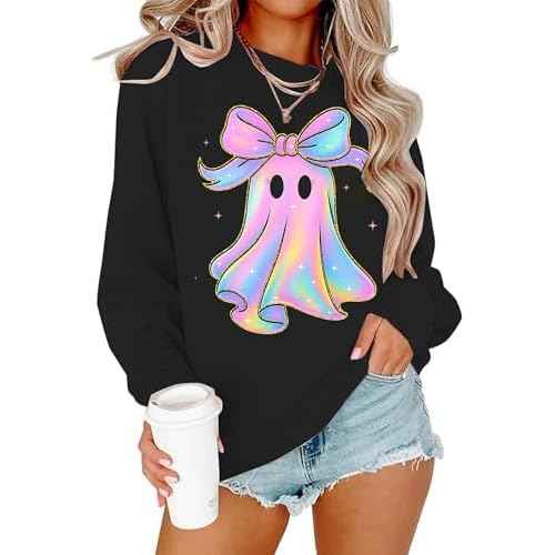 Halloween Sweatshirt Women Spooky Season Cute Black Cat Ghost Sweatshirts Fall Embroidered Pullover Top