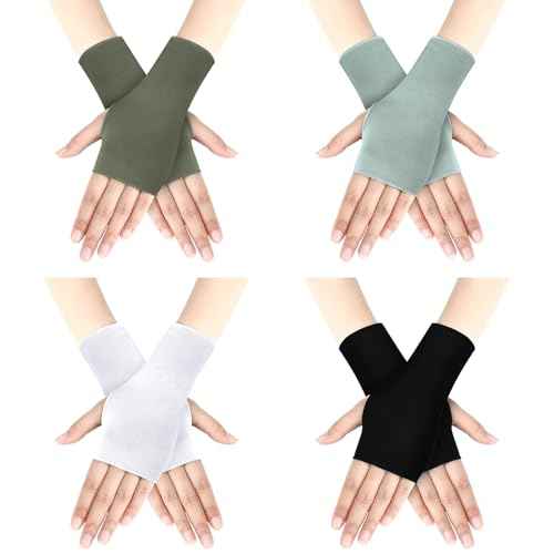 Bememo 4 Pack Sun Protection UV Gloves Driving Sun Block Gloves Cooling Fingerless Wrist Length Cotton for Women