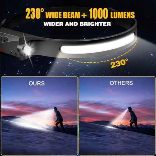 Headlamp Rechargeable 2PCS, 230¡Æ Wide Beam Head Lamp LED with Motion Sensor for Adults - Camping Accessories Gear, Waterproof Head Light Flashlight for Hiking, Running, Repairing, Fishing, Cycling