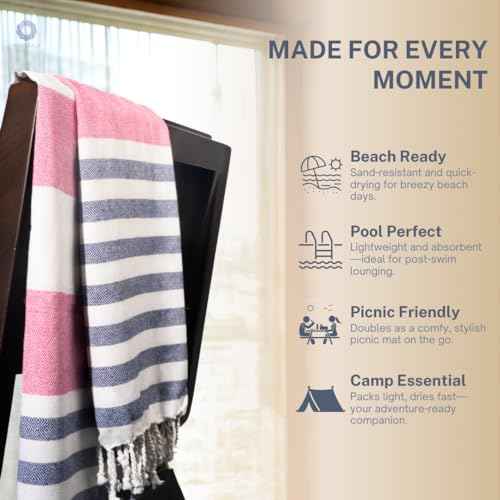 Cotton Turkish Beach Towel with Towels Oversized 36"x72" Pool Absorbent Extra Large Quick Dry Sand Travel Towel (Ros? & Riviera, 4 Pack)