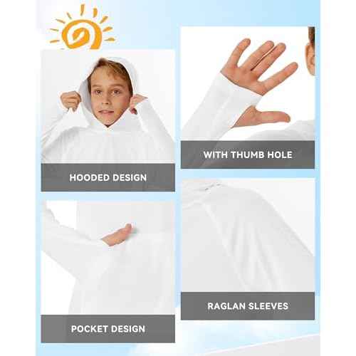 Boys Rash Guard Long Sleeve Hoodie Swim Shirt with Pocket Youth Kids UPF 50+ Sun Protection Fishing Shirts Thumb Hole