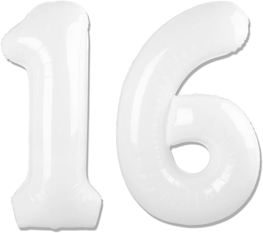 Number 16 Balloon - 40 Inch White Birthday Decoration for 16th Party Supplies | Perfect for Boys & Girls