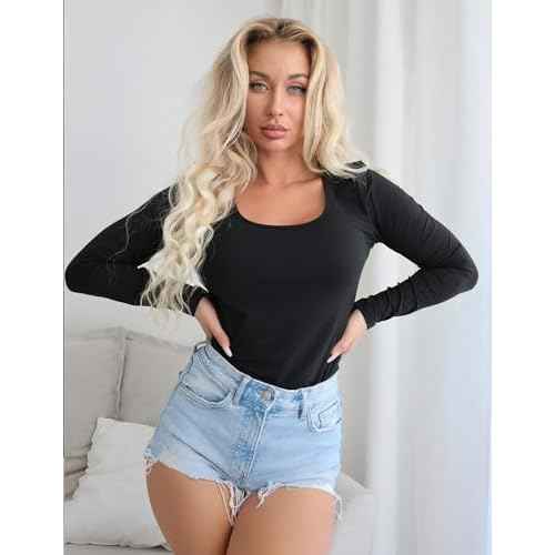 Ekouaer Women Long Sleeve Shirt Scoop Neck Tops Slim Fit Basic Top Thermal Undershirts Base Layer Tee