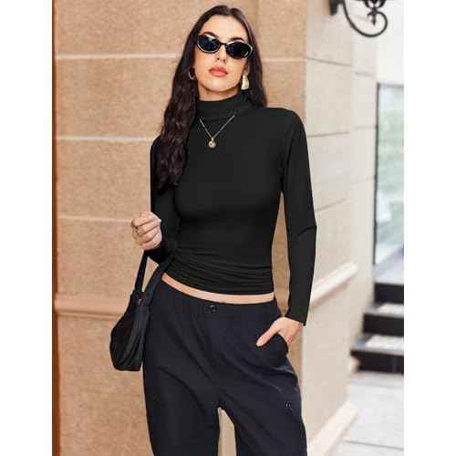 Ekouaer Women's Turtleneck Long Sleeve Shirts Thermal Underwear Tops Basic Slim Fit Fall Fashion Lightweight Top