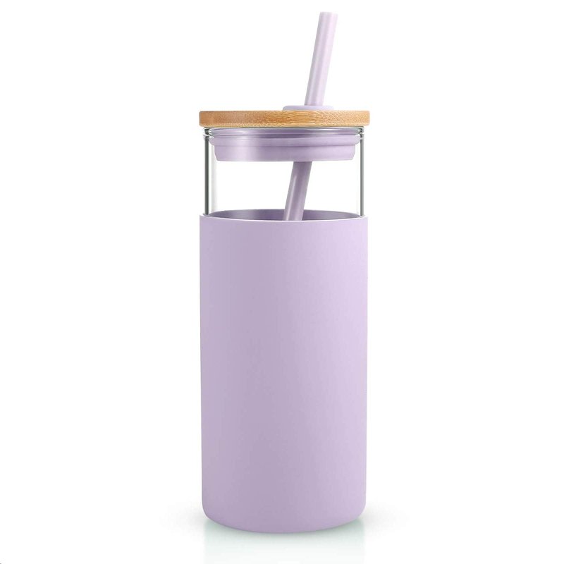 Tronco 20 oz Glass Tumbler with Lid and Straw, Iced Coffee Cup and Smoothie Cup with Bamboo Lids & Protective Silicone Sleeve, Dishwasher Safe, BPA-Free, Glass Cup 1 Pack