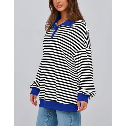PRETTYGARDEN Women's Oversized Striped Sweatshirts Spring Fall Trendy Casual Long Sleeve Button Up Tops Shirt Preppy Clothes