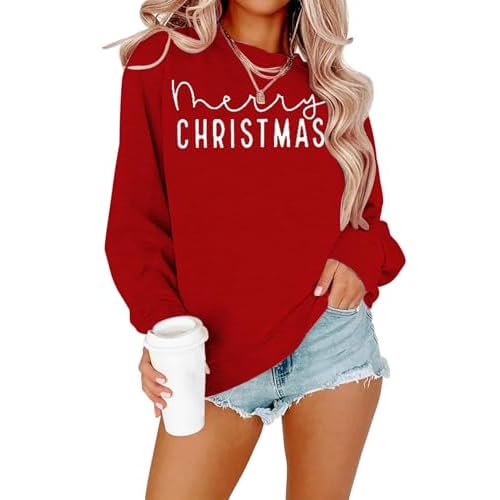 Christmas Sweatshirts For Women Xmas Sweater Merry Christmas Letter Printed Sweatshirt Holiday Long Sleeve Tops