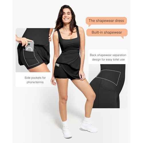 Popilush Shapewear Tennis Dress Athletic Dress for Women Summer Mini Dress with Slit Square Neck Golf Dress Romper