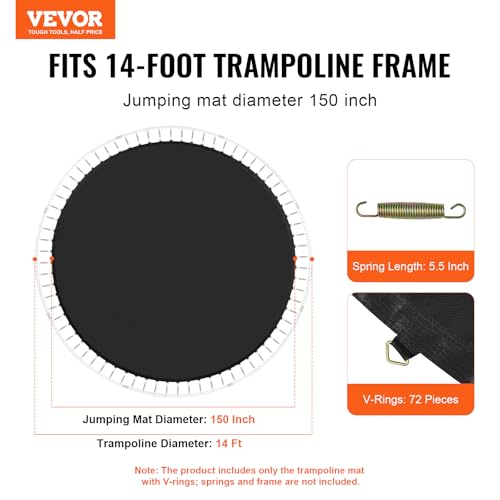 VEVOR Replacement Trampoline Mat, Jumping Mat Fits 12/13/14/15 ft Frame, Universal Jumping Round Trampoline, UV-Resistant Mat with Spring Tool & 72/80/92 V-Rings, Fit 5.5"/6.5"/7" Spring Length