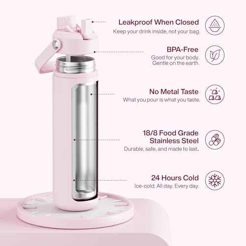 ENCOOL Insulated Water Bottle with Straw Stainless Steel Water Bottle, Leak-Proof, BPA-Free, Double Wall Vacuum Keeps Cold for 24 Hours for Sports, Travel, School (26 oz, Cotton Candy)