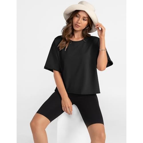 UEU Women's Comfy Basic Workout Gym Short Sleeve Crop Tops Casual Loose Oversized T-Shirts