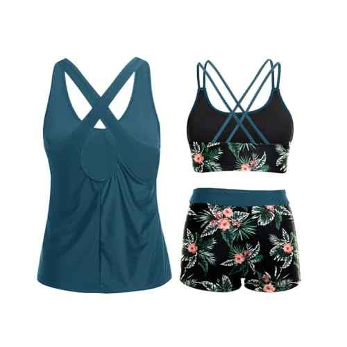 Holipick 3 Piece Tankini Swimsuits for Women Tummy Control Bathing Suits Swim Tank Top with Bra Boy Shorts Teen Swimwear