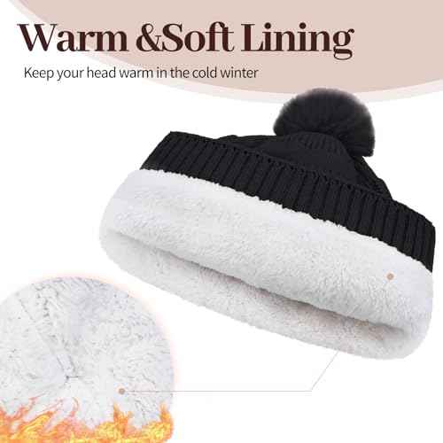 Winter Beanie Hats for Women with Faux Fur Pom Warm Cozy Knit Fleece Thermal Snow Ski Skull Cap for Cold Weather