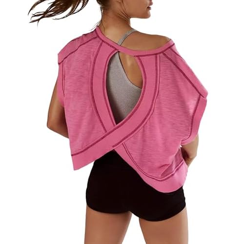 EYZH Women's Open Back Workout Top - Short Sleeve Yoga Crop Shirt, Loose Yoga Gym Crop Top