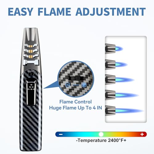 Torch Lighter, Butane Lighter, Adjustable Big Jet Flame Butane Torch, Windproof Refillable Gas Long Torch Lighter with Safety Lock for Candle Grill Camping BBQ Kitchen Soldering, Gas Not Included