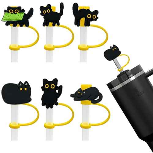 Cat Straw Cover Cap for Halloween Stanley Cup - 6PCs Cute Black Cat Straw Toppers for 30 40 Oz Tumbler with Handle Silicone Straw Tips Accessories for 10mm Straws