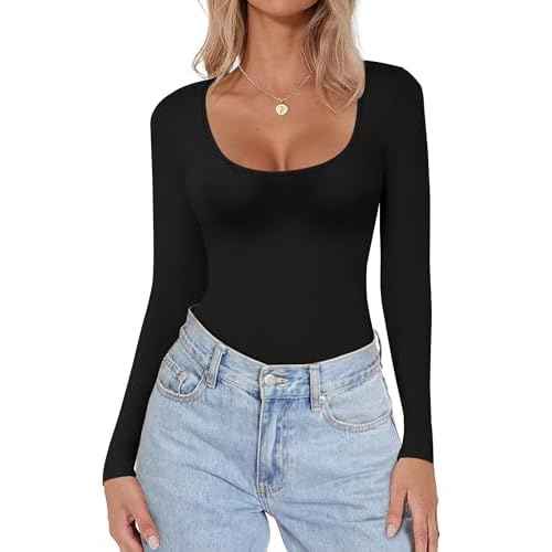 Ekouaer Women Long Sleeve Shirt Scoop Neck Tops Slim Fit Basic Top Thermal Undershirts Base Layer Tee