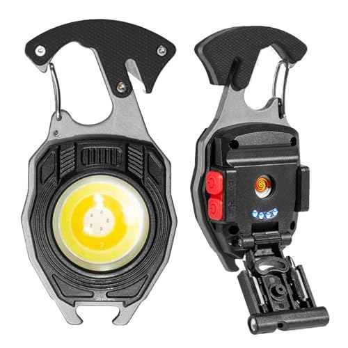 BY-J COB Keychain Work Light Keychain Flashlights 7 Light Modes 1600Lumen,COB Multi-Function Mini Work Light with Electric Lighter, Seat Belt Cutter, Screwdriver, Whistle